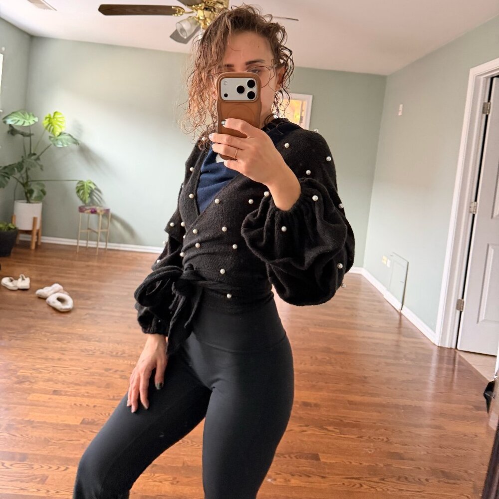 Black Pearl Embellished Wrap Sweater Top